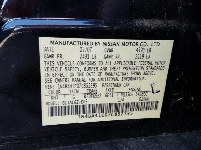 1N4BA41E07C852595 - 2007 NISSAN MAXIMA BLACK photo 10