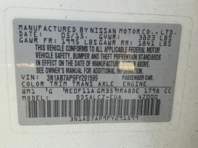 3N1AB7AP9FY291599 - 2015 NISSAN SENTRA WHITE photo 10