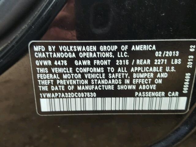 1VWAP7A32DC097530 - 2013 VOLKSWAGEN PASSAT S შავი ფოტო 10