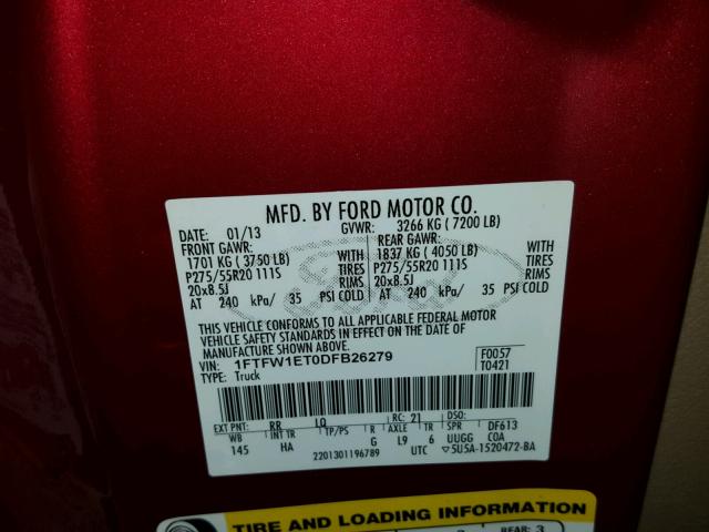 1FTFW1ET0DFB26279 - 2013 FORD F150 RED photo 10