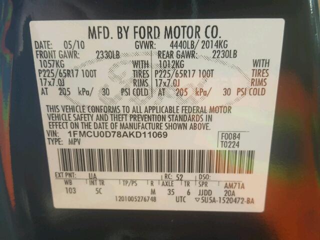 1FMCU0D78AKD11069 - 2010 FORD ESCAPE XLT BLACK photo 10