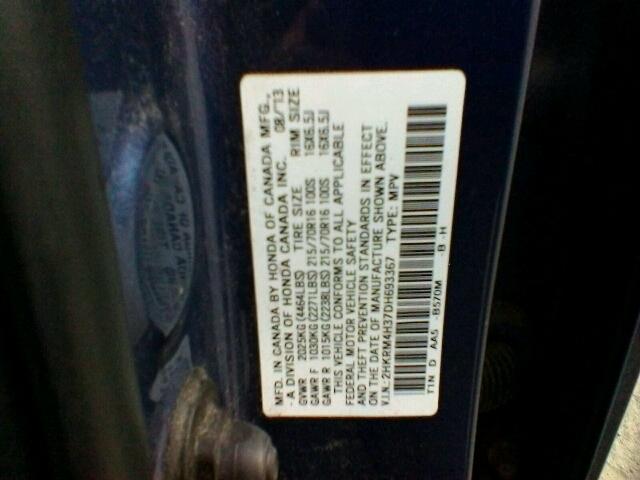 2HKRM4H37DH693367 - 2013 HONDA CR-V LX BLUE photo 10