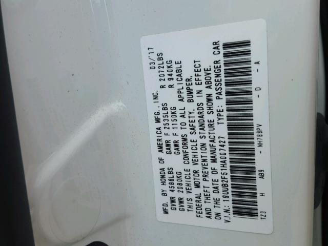 19UUB2F51HA007427 - 2017 ACURA TLX TECH WHITE photo 10