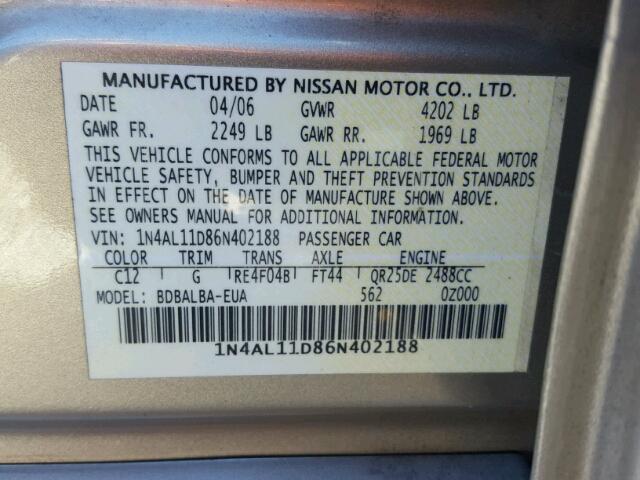 1N4AL11D86N402188 - 2006 NISSAN ALTIMA BROWN photo 10