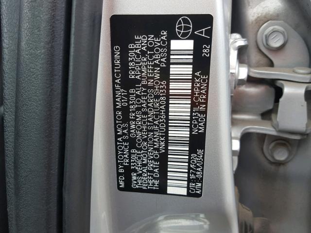 VNKKTUD36HA081336 - 2017 TOYOTA YARIS L SILVER photo 10