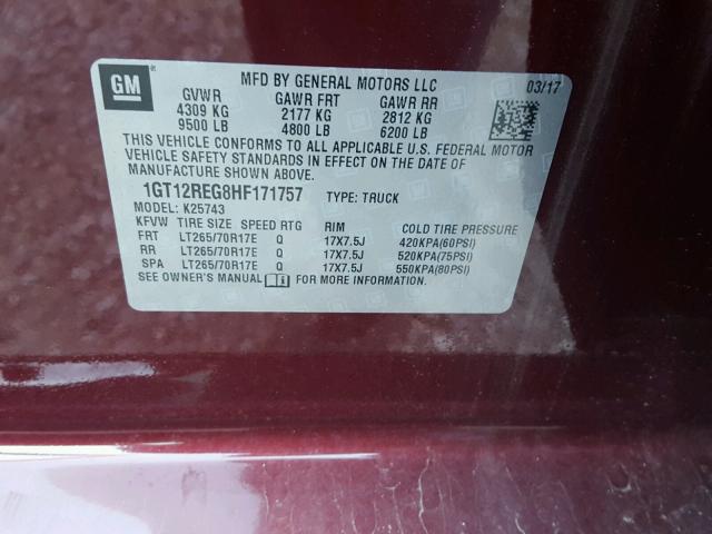 1GT12REG8HF171757 - 2017 GMC SIERRA K25 MAROON photo 10