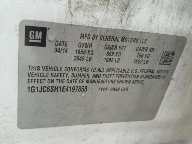 1G1JC6SH1E4197853 - 2014 CHEVROLET SONIC LT WHITE photo 10