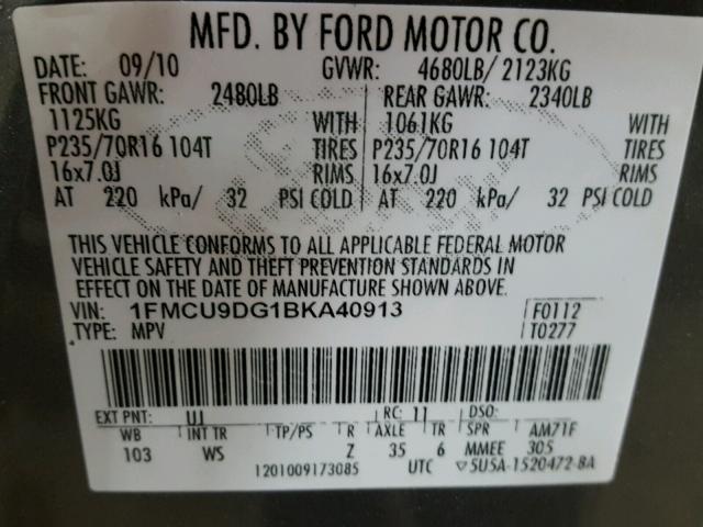 1FMCU9DG1BKA40913 - 2011 FORD ESCAPE XLT GRAY photo 10