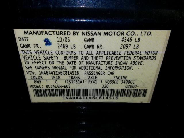 1N4BA41EX6C814516 - 2006 NISSAN MAXIMA BLUE photo 10