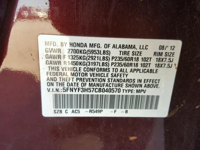 5FNYF3H57CB040570 - 2012 HONDA PILOT EXL RED photo 10