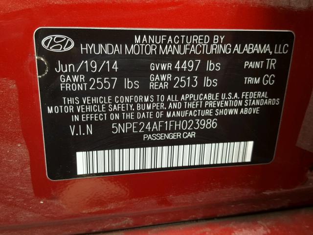 5NPE24AF1FH023986 - 2015 HYUNDAI SONATA SE RED photo 10