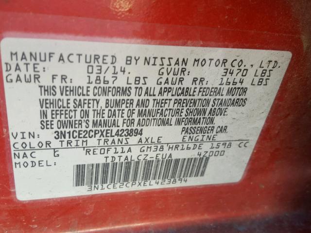 3N1CE2CPXEL423894 - 2014 NISSAN VERSA NOTE RED photo 10