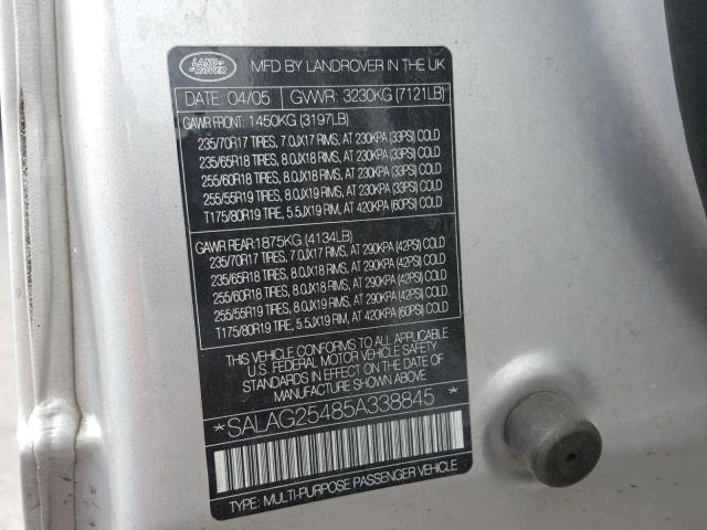 SALAG25485A338845 - 2005 LAND ROVER LR3 HSE SILVER photo 10