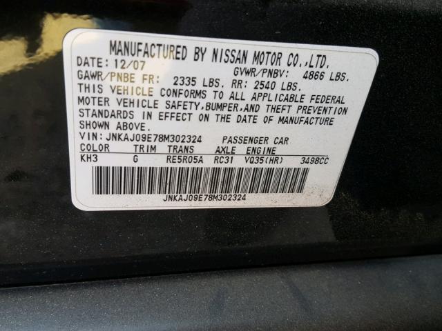 JNKAJ09E78M302324 - 2008 INFINITI EX35 BASE BLACK photo 10