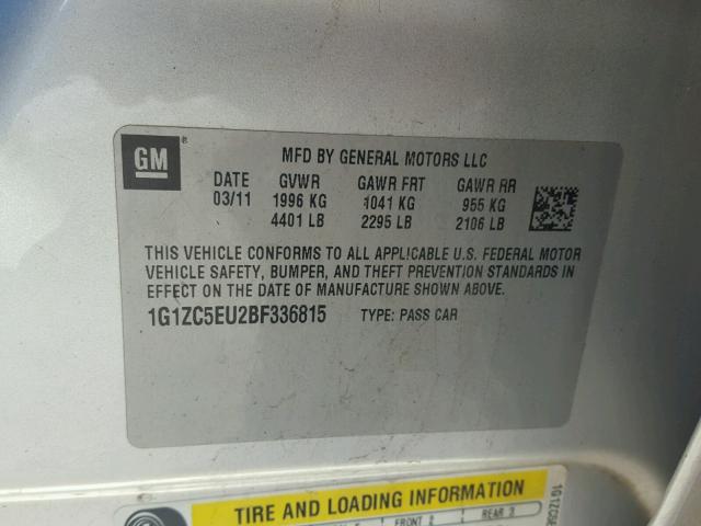 1G1ZC5EU2BF336815 - 2011 CHEVROLET MALIBU 1LT 银色 照片 10