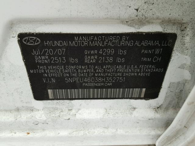 5NPEU46C38H352751 - 2008 HYUNDAI SONATA SE WHITE photo 10