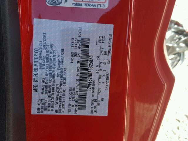 1ZVFT82H875325878 - 2007 FORD MUSTANG RED photo 10