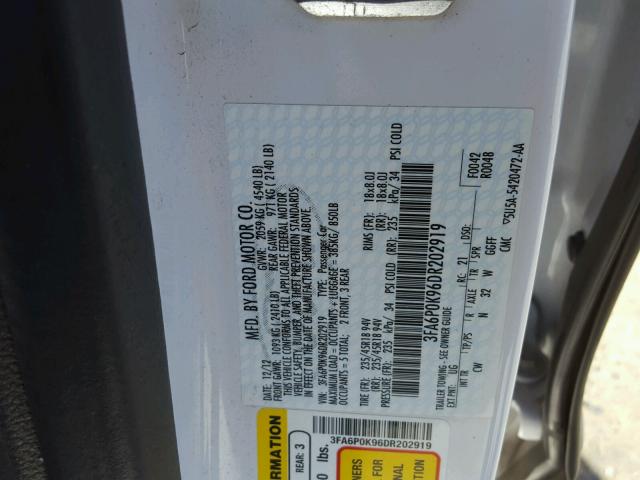 3FA6P0K96DR202919 - 2013 FORD FUSION TIT WHITE photo 10