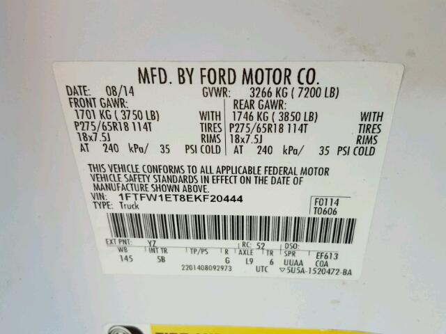 1FTFW1ET8EKF20444 - 2014 FORD F150 WHITE photo 10