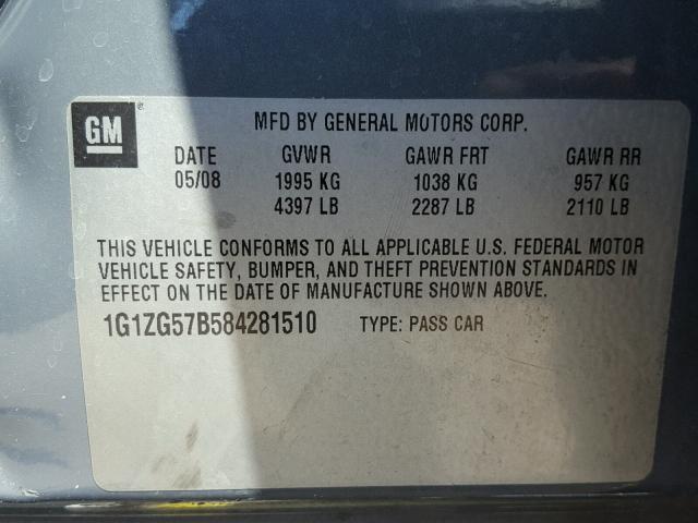 1G1ZG57B584281510 - 2008 CHEVROLET MALIBU LS GRAY photo 10