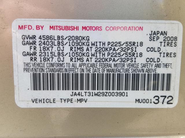 JA4LT31W29Z003901 - 2009 MITSUBISHI OUTLANDER GOLD photo 10