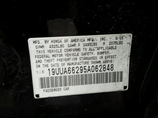 19UUA66295A062848 - 2005 ACURA TL BLACK photo 10