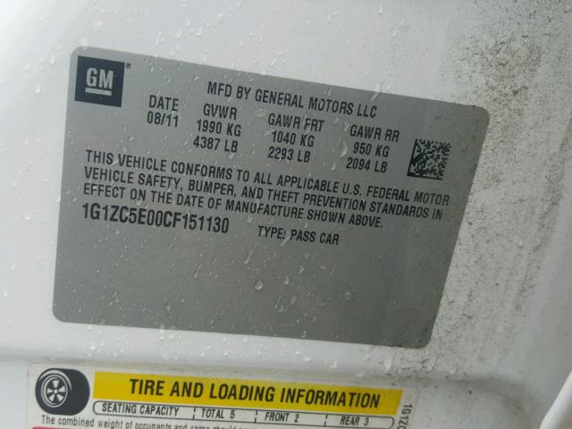 1G1ZC5E00CF151130 - 2012 CHEVROLET MALIBU 1LT თეთრი ფოტო 10