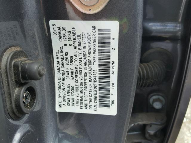 2HGFB2F92FH541725 - 2015 HONDA CIVIC EXL GRAY photo 10