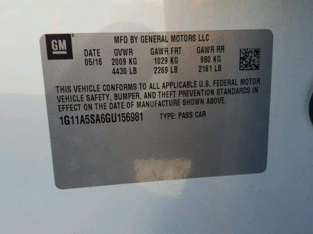 1G11A5SA6GU156981 - 2016 CHEVROLET MALIBU LIM 白色 照片 10