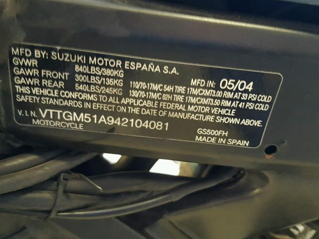 VTTGM51A942104081 - 2004 SUZUKI GS500 FK GRAY photo 10