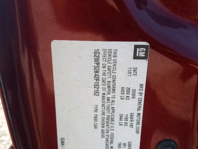 1G2WP52K42F182162 - 2002 PONTIAC GRAND PRIX Червоний фото 10