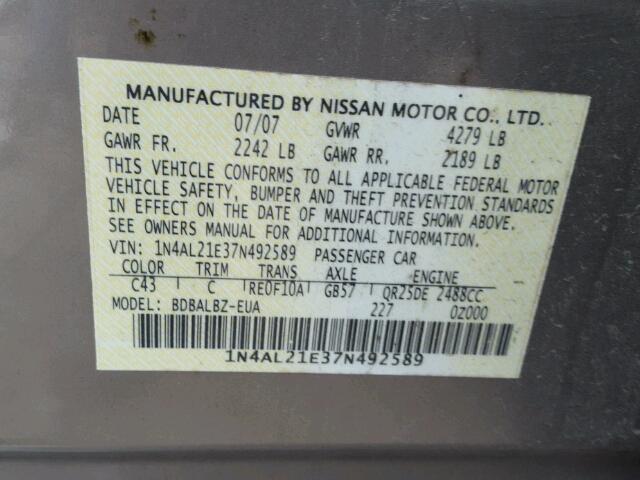 1N4AL21E37N492589 - 2007 NISSAN ALTIMA TAN photo 10