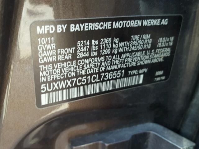 5UXWX7C51CL736551 - 2012 BMW X3 XDRIVE3 BROWN photo 10