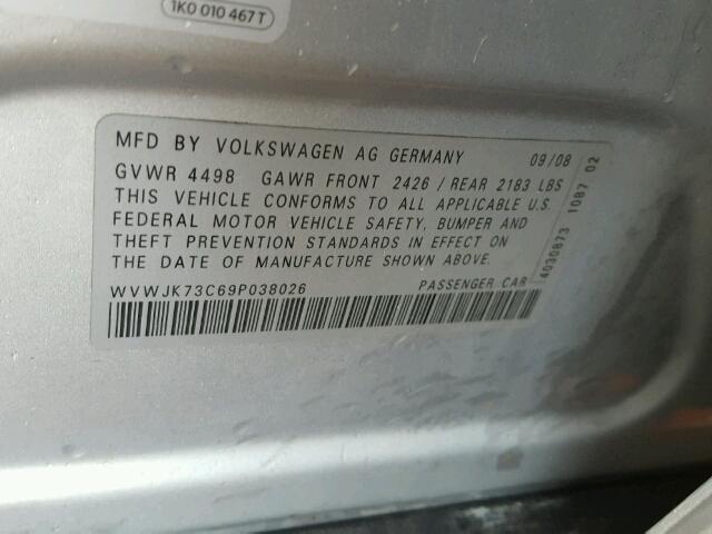 WVWJK73C69P038026 - 2009 VOLKSWAGEN PASSAT SILVER photo 10