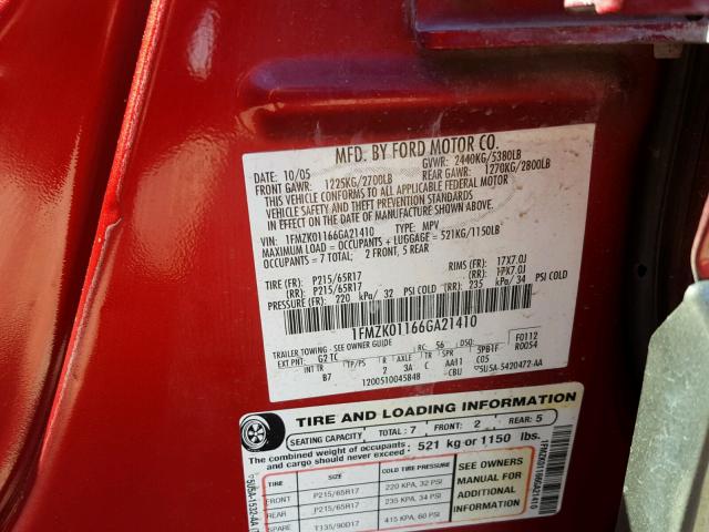 1FMZK01166GA21410 - 2006 FORD FREESTYLE RED photo 10