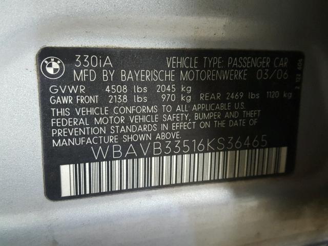 WBAVB33516KS36465 - 2006 BMW 330 I SILVER photo 10