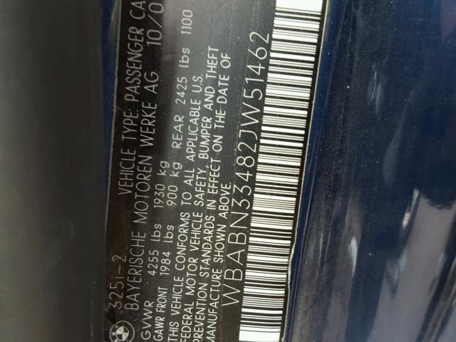 WBABN33482JW51462 - 2002 BMW 325 BLUE photo 10