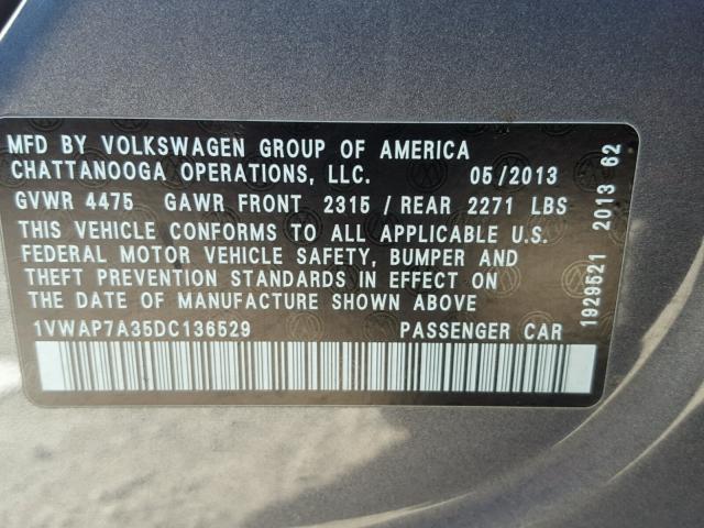 1VWAP7A35DC136529 - 2013 VOLKSWAGEN PASSAT S GRAY photo 10