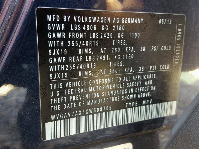 WVGAV7AX4CW609759 - 2012 VOLKSWAGEN TIGUAN BLUE photo 10