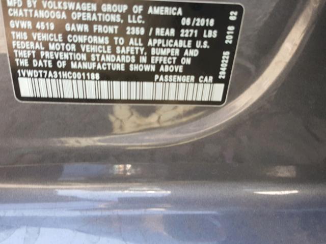 1VWDT7A31HC001188 - 2017 VOLKSWAGEN PASSAT R-L GRAY photo 10