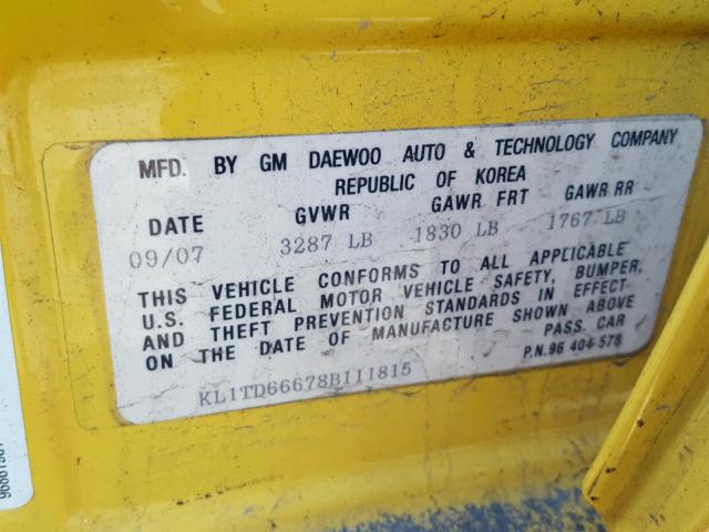 KL1TD66678B111815 - 2008 CHEVROLET AVEO BASE Żółty zdjęcie 10