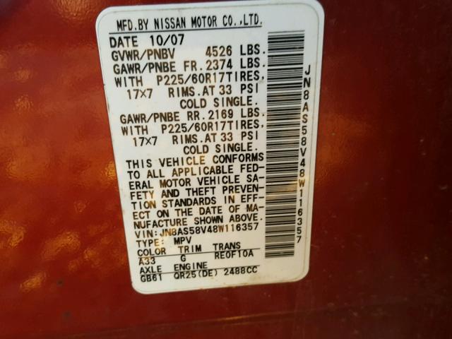 JN8AS58V48W116357 - 2008 NISSAN ROGUE RED photo 10