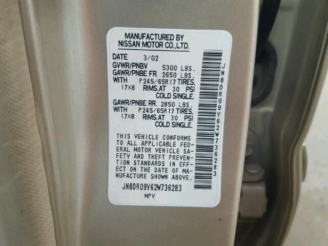 JN8DR09Y62W736283 - 2002 NISSAN PATHFINDER GOLD photo 10