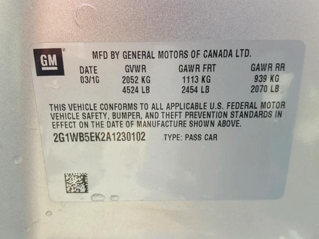 2G1WB5EK2A1230102 - 2010 CHEVROLET IMPALA LT TAN photo 10