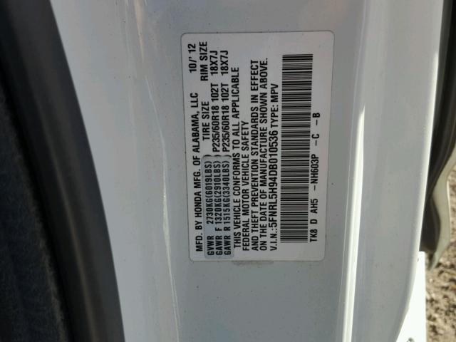 5FNRL5H94DB010536 - 2013 HONDA ODYSSEY TO WHITE photo 10