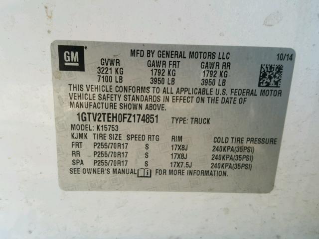 1GTV2TEH0FZ174851 - 2015 GMC SIERRA K15 WHITE photo 10