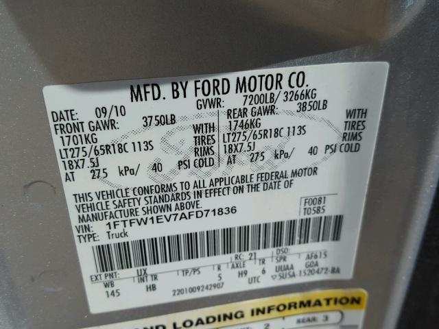 1FTFW1EV7AFD71836 - 2010 FORD F150 SUPER SILVER photo 10