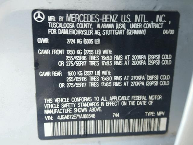 4JGAB72E7YA188548 - 2000 MERCEDES-BENZ ML 430 SILVER photo 10