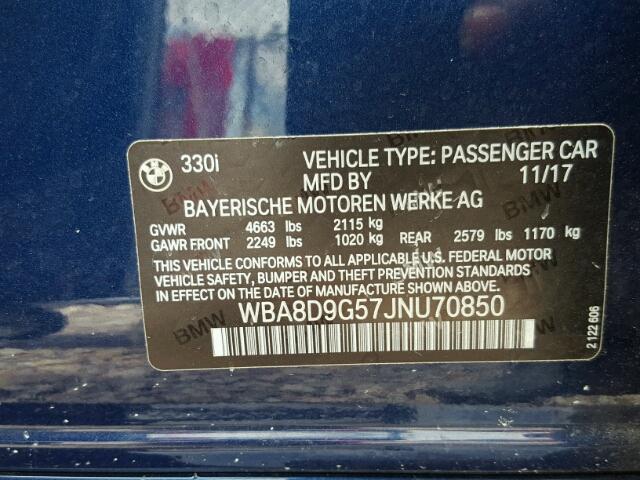 WBA8D9G57JNU70850 - 2018 BMW 330 XI Mavi fotoğraf 10
