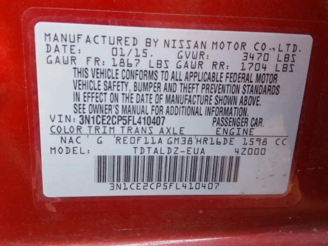 3N1CE2CP5FL410407 - 2015 NISSAN VERSA NOTE RED photo 10